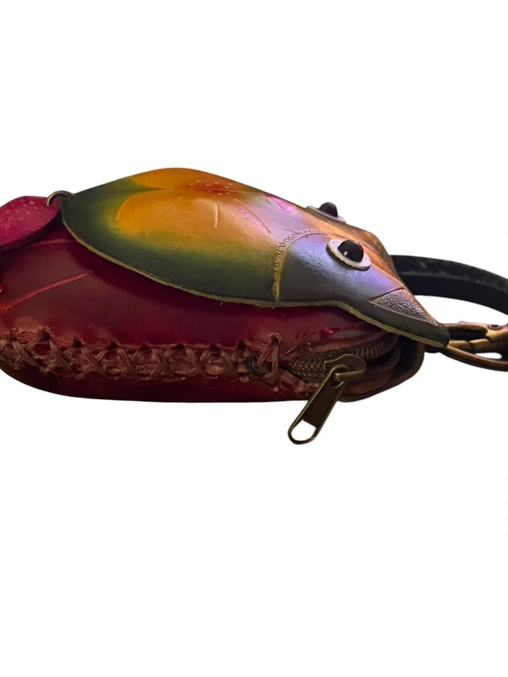 Hand crafted cat with mouse leather wristlet